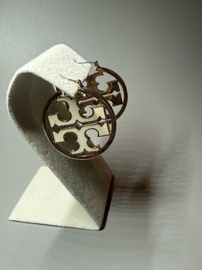 Tory Burch Gold-Tone Logo Hoop Earrings with White Inset